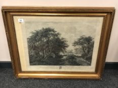 A 19th century continental monochrome print depicting figures in woodland,