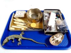 A tray of miscellany : antique brass figure of a lizard, plated wine coaster, box of assorted beads,