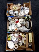 Three boxes of ceramics : oriental tea ware, 19th century blue and white tureens, pomanders,