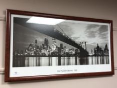 A monochrome print depicting the Manhattan skyline,