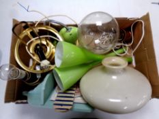 A box of 20th century brass hanging electric lamp with glass shade, glass table lamps,