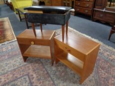 Two 20th century teak effect bedside stands and a vinyl upholstered sewing box