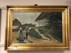 Continental school : Figures in a farmyard, oil on canvas,