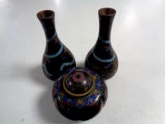 A pair of cloisonne dragon patterned vases, height 13cm,