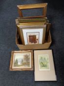 A box of assorted contemporary prints plus antique and later picture frames