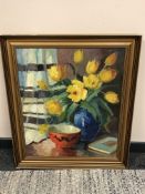 Continental school : Still life with flowers in a vase, oil on canvas,