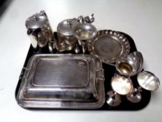 A tray of antique plated wares : ladle, entree dish with cover, tea ware,