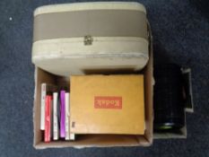 A box of reel to reel player and reels, Kodak Brownie 8 movie projector,
