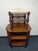 A 19th century tapestry stool and a three tier octagonal book table