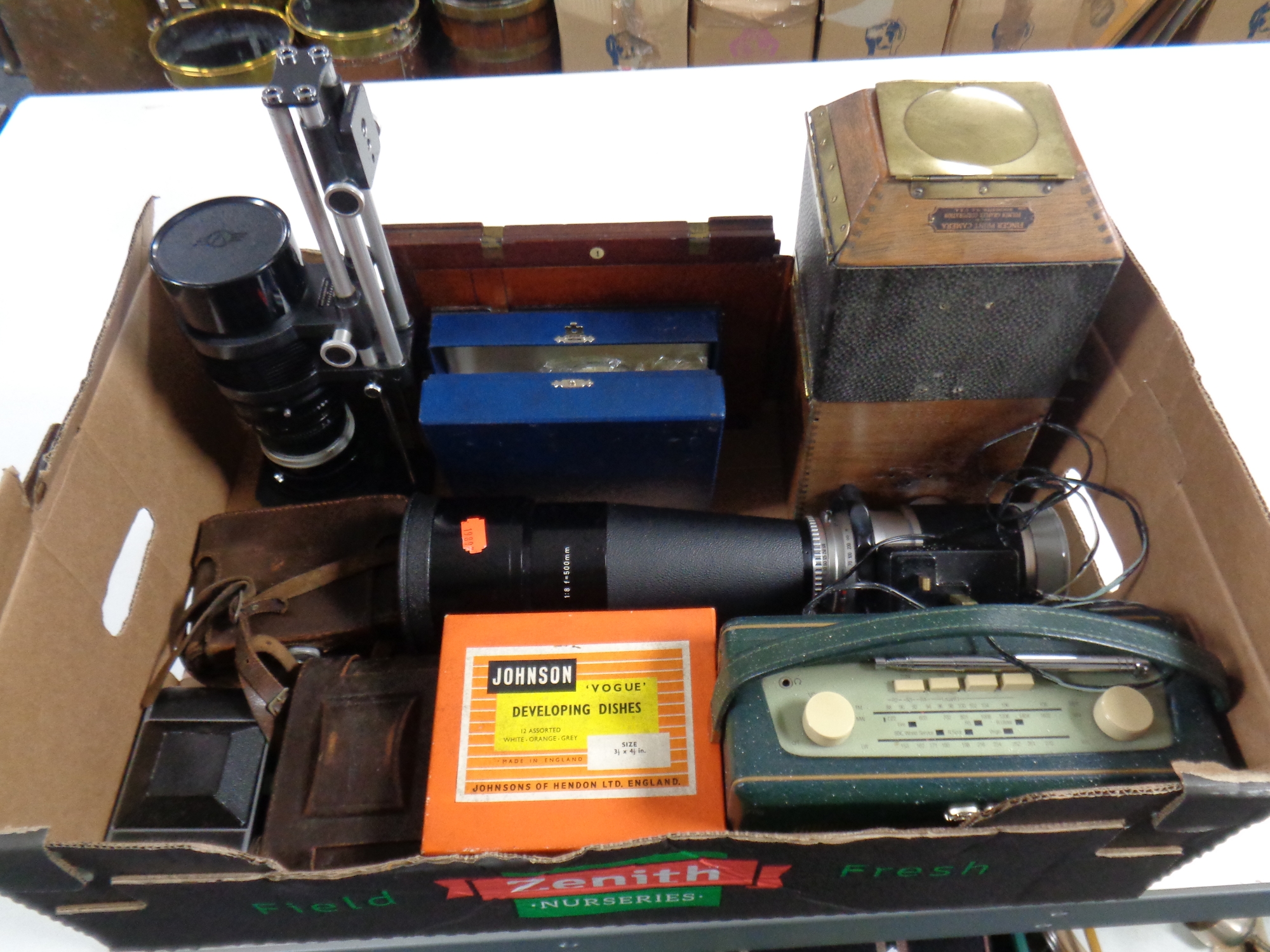 A box of Roberts radio, vintage cameras, Tele-tessar Hasselblad lens,