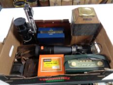 A box of Roberts radio, vintage cameras, Tele-tessar Hasselblad lens,