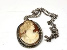 A shell cameo pendant mounted in white metal on sterling silver chain