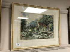 Hugh Wood : A water mill with trees beyond, watercolour,