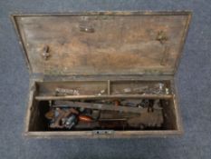 An antique pine tool chest and a quantity of hand tools : wood working planes, level brace,