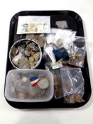 A tray of large quantity of pre decimal British coins including silver examples, foreign coins,
