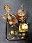 A tray of antique and later metal wares to include a brass and copper embossed spirit kettle on