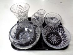 A tray of eight pieces of cut glass ware - bowls, vases,