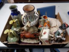 A box of antique and later ceramics : Royal Doulton Lambeth vase,