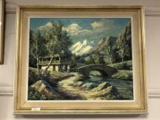 Continental school : Figures by a bridge with mountains beyond, oil on canvas,