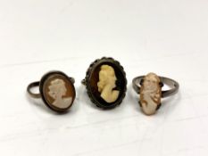 Three silver cameo rings