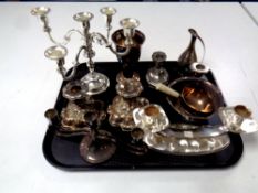 A tray of antique and later plated wares : candlesticks,