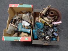 Two boxes of assorted power and hand tools : car vacuum,