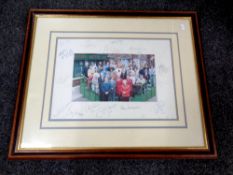 A Coronation Street cast photograph signed by cast members including Liz Dawn, Eileen Derbyshire,