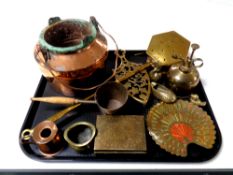 A tray of antique and later brass and copper wares : hanging melting pot, brass censor, trivet,
