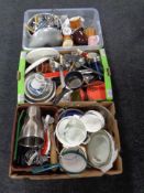 Three boxes of kitchen utensils, aluminium lidded pan, ceramic mugs,