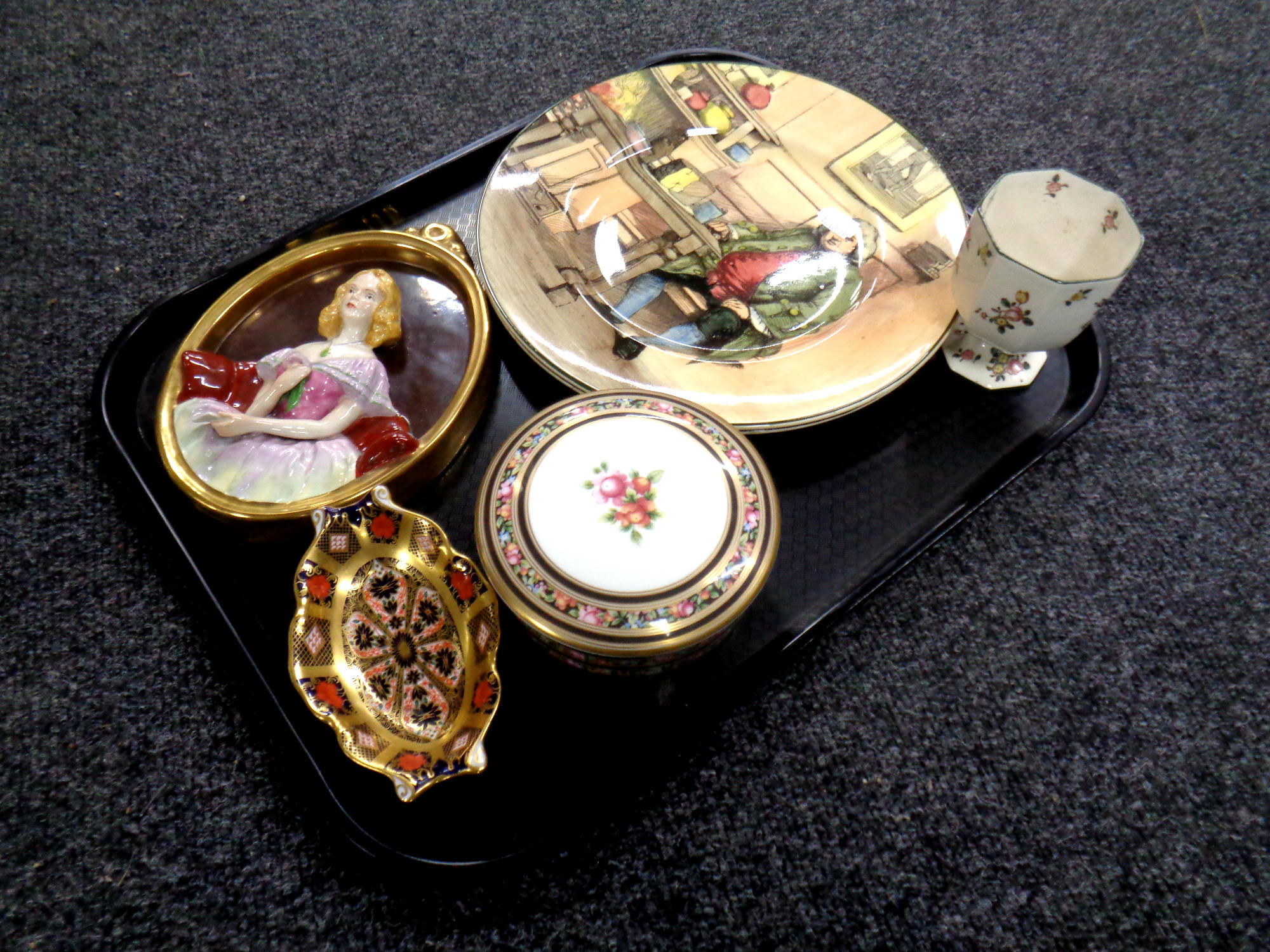 A tray of ceramics : Royal Doulton plates, hand painted Wedgwood relief plaque,