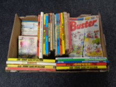 A box of 20th century Commando pocket comics, Buster and 2000AD comics, annuals of The Beano,