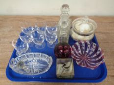 A tray of antique and later glass ware : 19th century hand blown ruby tinted glass bowl,