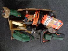 A box of power tools : Bosch electric sander, reciprocating saw,