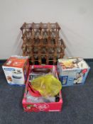 Two wooden wine racks, boxed Kenwood smoothie maker,