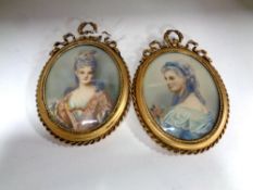 A pair of ornate gilt framed portrait miniatures, hand finished and indistinctly initialled, each 6.