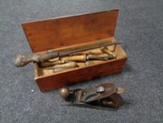 An antique wooden tool box with drawer containing tools, Stanley no.4 plane etc.