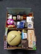 Two boxes of miscellania : 20th century tins, boxed Ringtons ware,