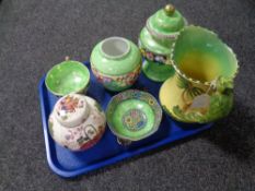 A tray of assorted ceramics : Masons fruit basket, ginger jar, Burleigh ware parrot handled jug,