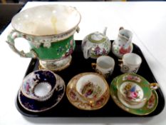 A tray of antique ceramics to include two hand painted teacups with saucers,