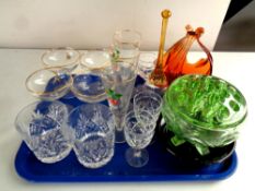 A tray containing assorted glassware to include pair of lead crystal whisky glasses,