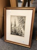 An antique etching depicting a church, signed H S Bynon, framed, 21 cm x 28 cm.