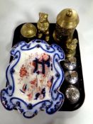 A tray containing a 19th century shallow dish depicting a traditional Chinese scene,