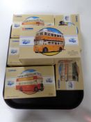 A tray containing six Corgi die cast buses and trams (boxed)