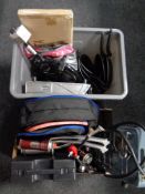 Two crates of camping equipment : gas stoves, portable stove with canister,
