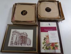 A box containing 78s together with a limited edition Glorious Bouquet framed tiles by Elizabeth