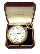 A large 19th century gold plated pocket watch by Doxa, with rowing scene to reverse of case.