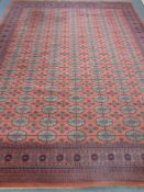 A woolen carpet of Bokhara design on red ground 274 cm x 365 cm.