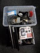 Two plastic crates of assorted kitchen ware : 12 volt coffee maker, paella pan, kettle,