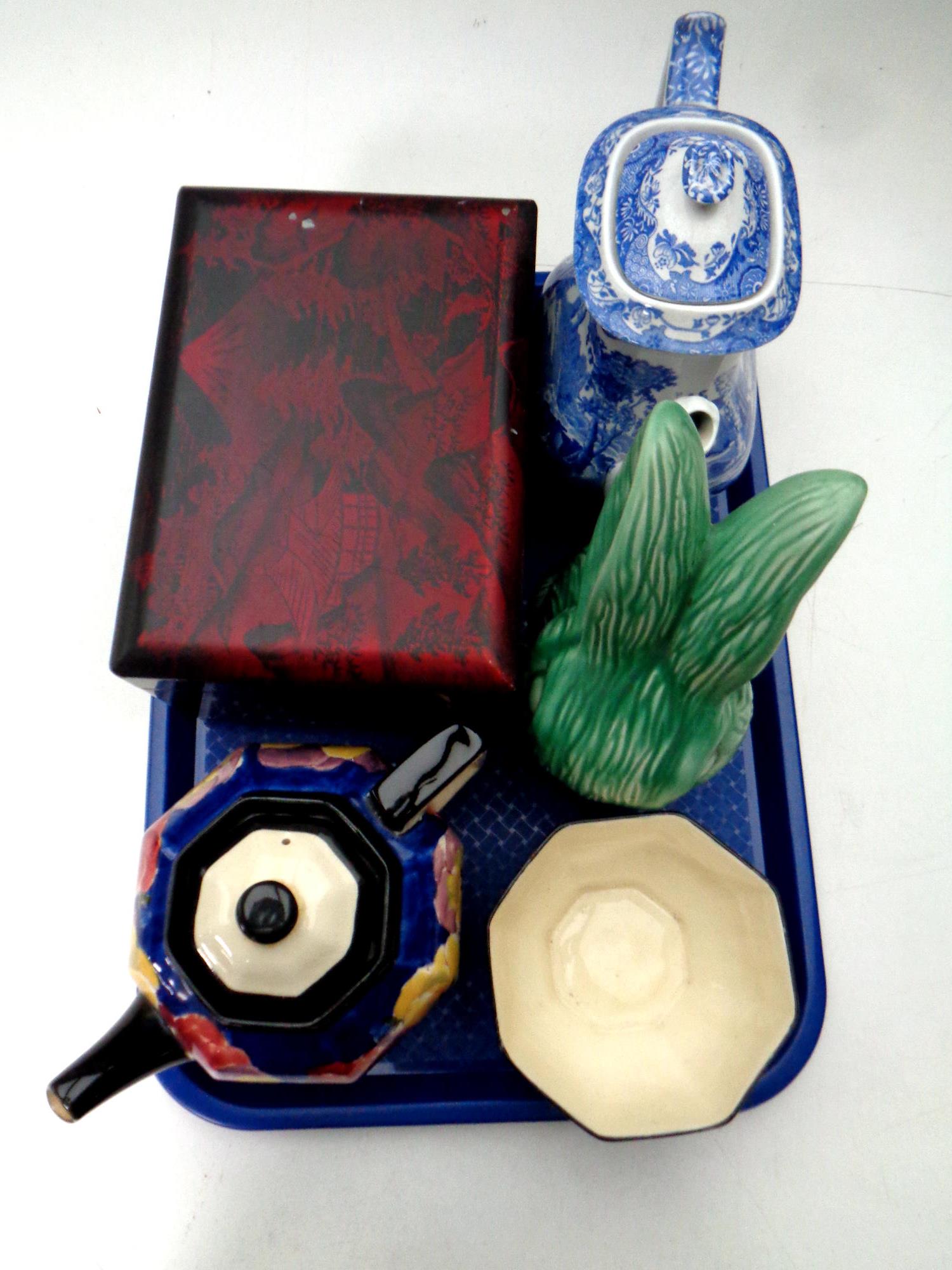 A tray containing a wooden trinket box, a Copeland Spode Italian teapot, Sylvac rabbit ornament,