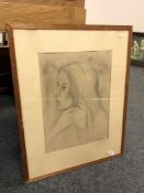 Continental School : Head and Shoulders of a lady, pencil study, signed and dated 1949,